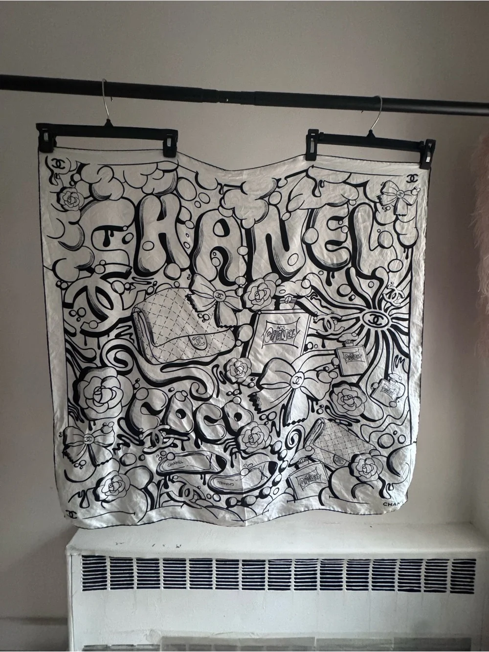 CHANEL Black & White Illustrated Logo Silk Scarf